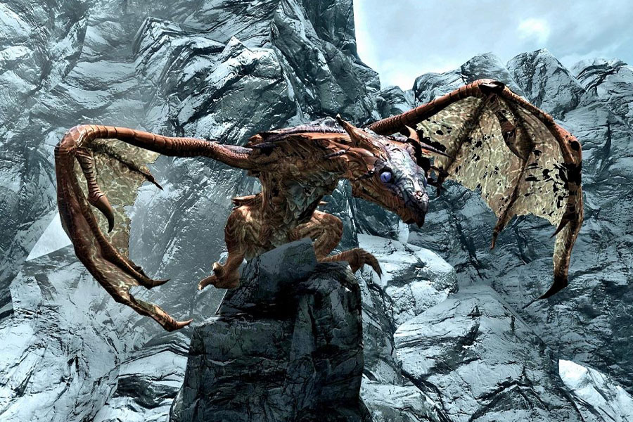 A Picture of The Dragon from Skyrim, One of The easiest boss fights in video games.