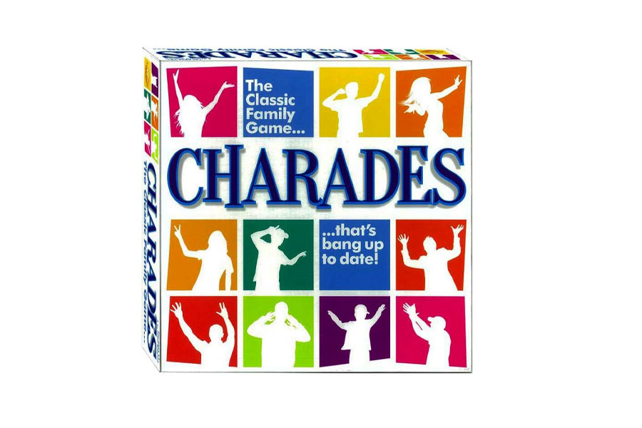 “Charades! game screen with acting prompts.”