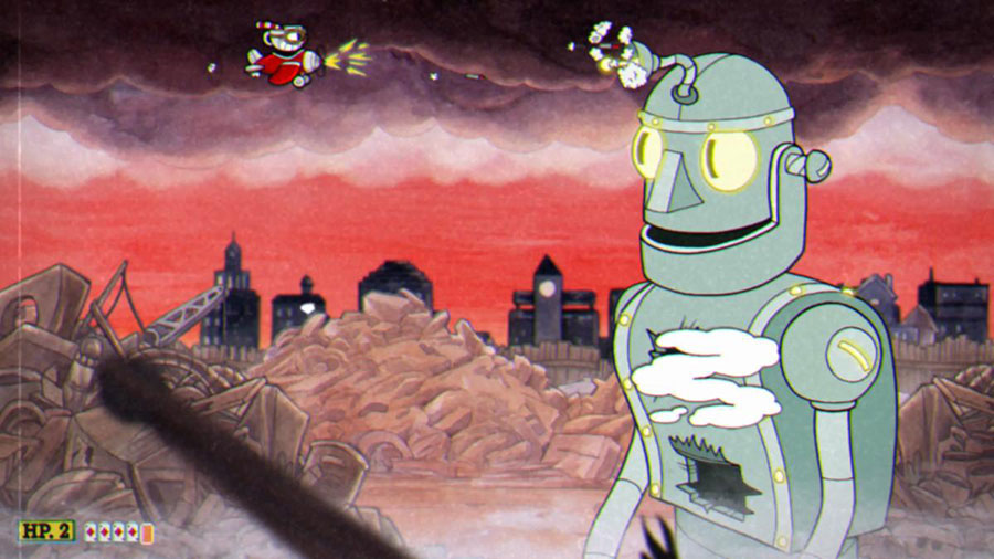 A Picture of Dr. Kahl’s Robot from Cuphead, One of The hardest boss fights in games.