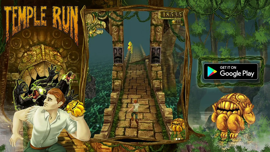 Character running and dodging obstacles in Temple Run.