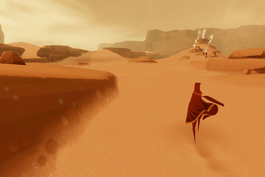 in game picture of Journey with its main character, One of most fun video games of all time.