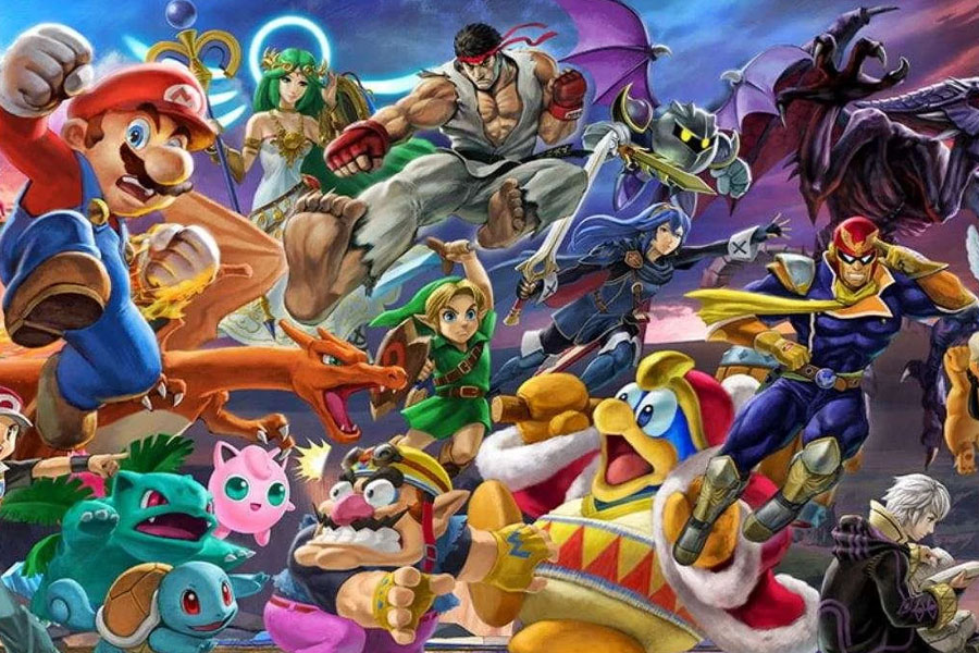 The Official picture of Super Smash Bros. Ultimate with its characters, One of most fun video games of all time.