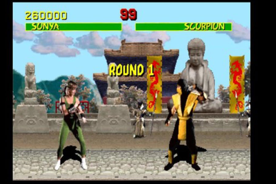 in game picture of Mortal Kombat with sonya and scorpion, one of most influential video games of all time.