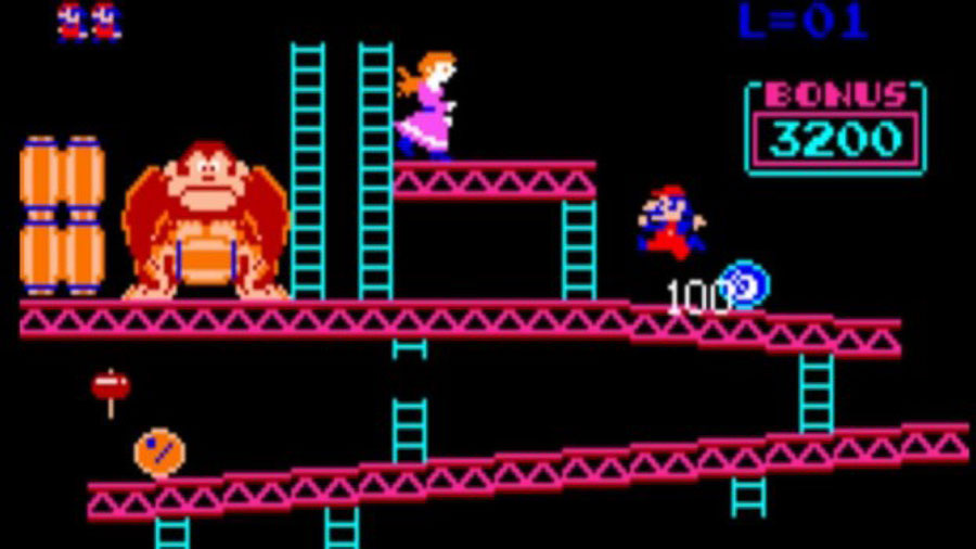 in game picture of Donkey Kong with donkey kong and jumpman, one of most influential video games of all time.