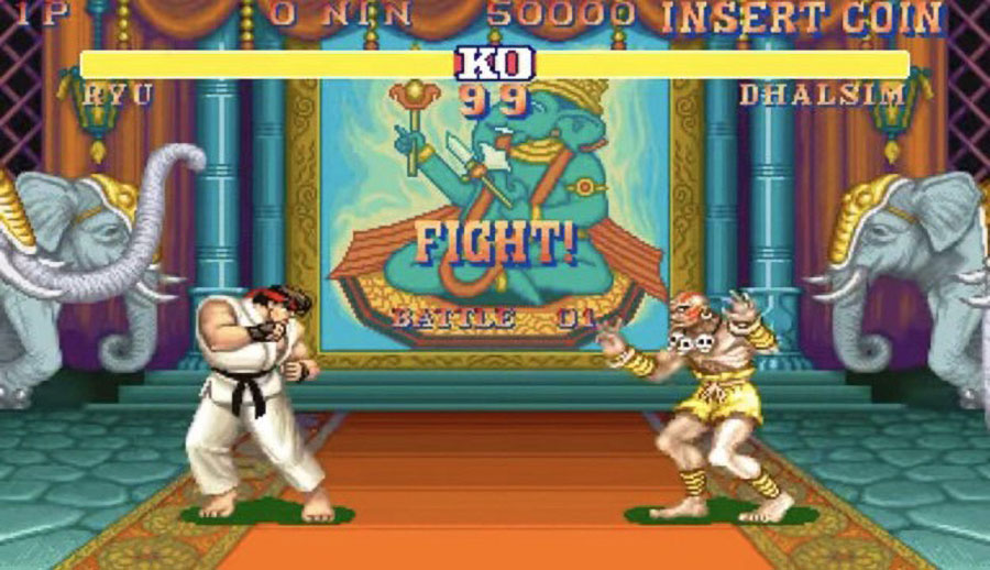 in game picture of Street Fighter II with Ryu and Dhalsim, one of most influential video games of all time.