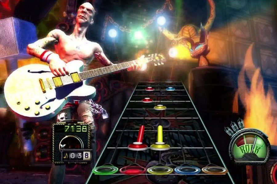 In game picture of Guitar Hero III, a Rhythm game, One of most popular genres of video games.