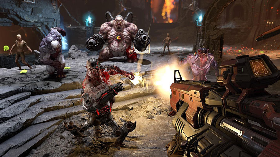 In game picture of Doom Eternal, a First-Person Shooter game, One of most popular genres of video games.