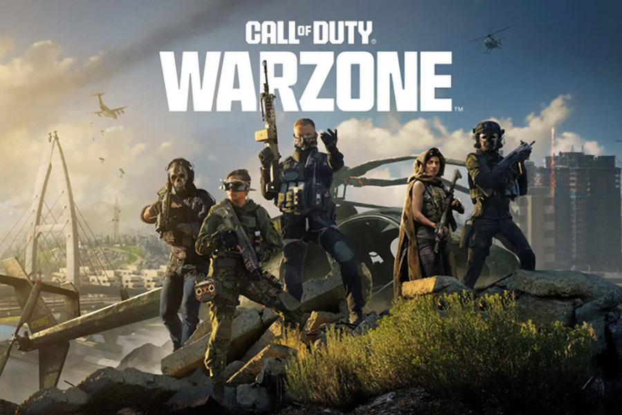 A wallpaper of Call of Duty: Warzone that shows the game’s different characters standing in front of a helicopter.