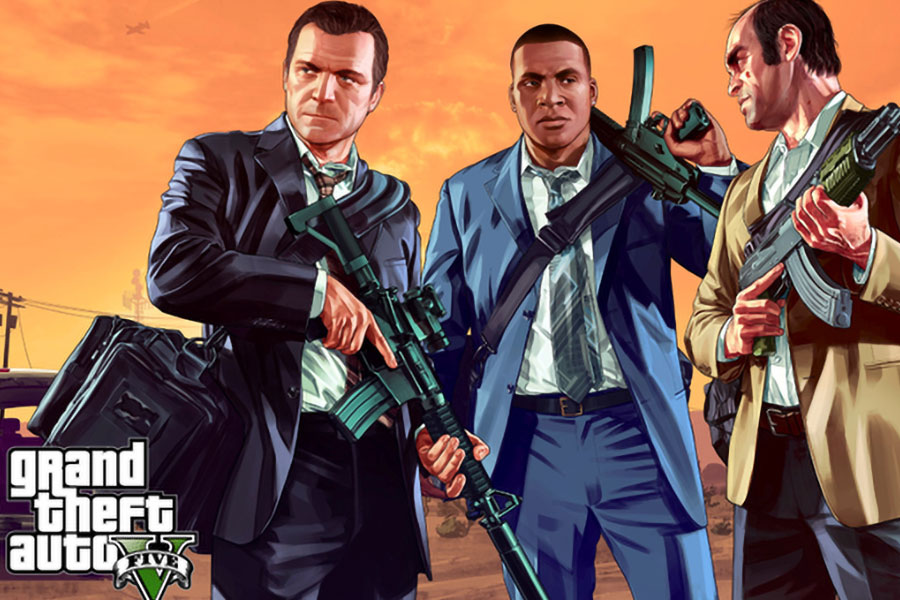 One of the official wallpapers of Grand Theft Auto V (GTA V) that shows the three main characters aside from each other.