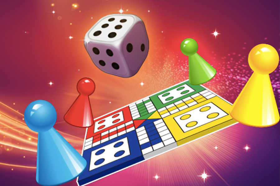 A poster of the mobile game Ludo King showing the dice and the board of the game.