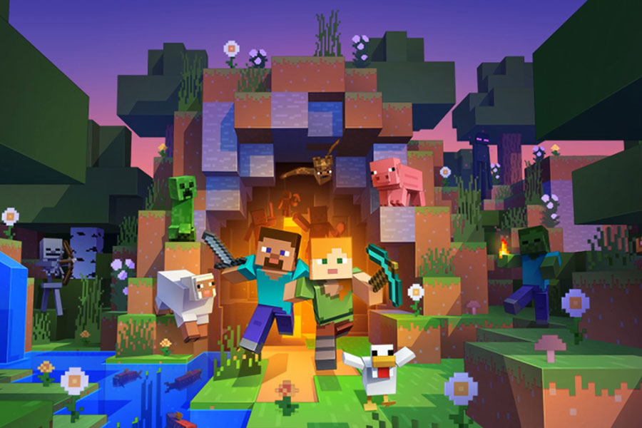 A wallpaper of Minecraft showing the game’s characters, zombie and flowers!