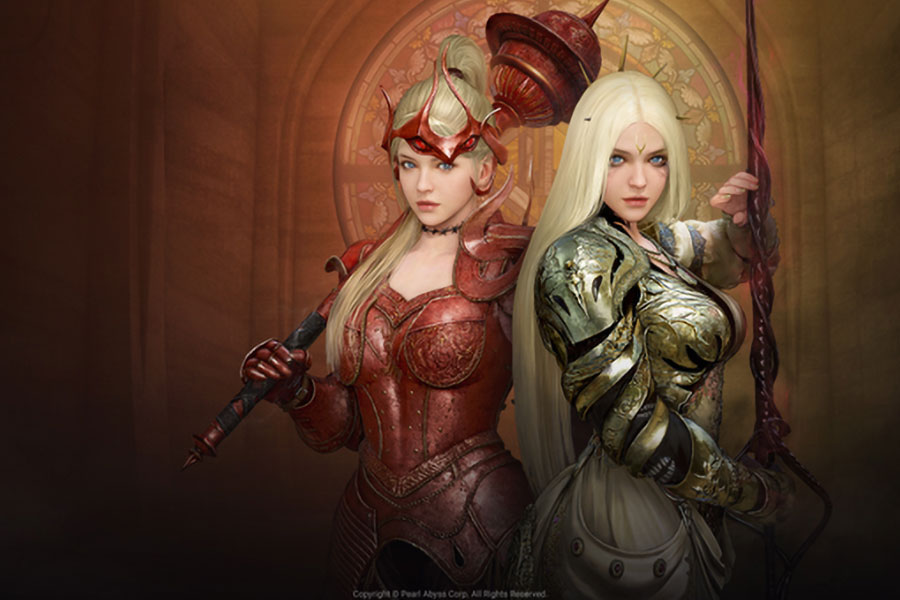 A wallpaper of Black Desert Online characters, two female knights with red and silver armor.