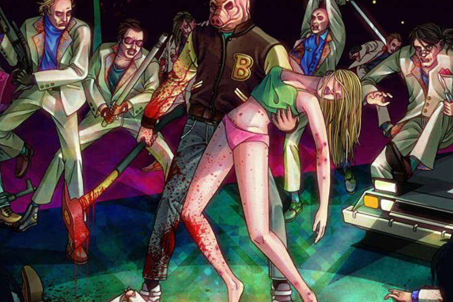 The Official Picture of Hotline Miami Featuring many of its characters, One of most stressful video games.