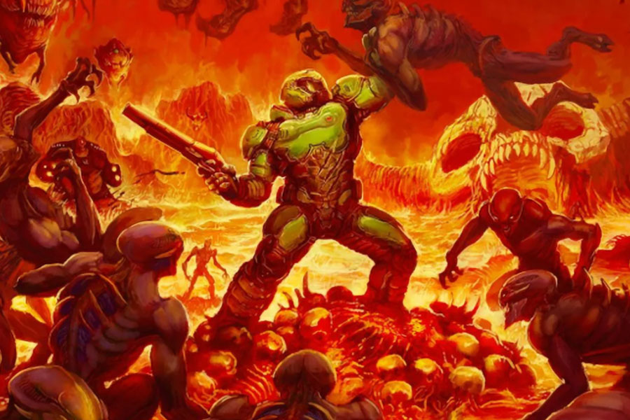 The Official Picture of DOOM Featuring its Character Fighting Demons, One of most violent video games of all time.