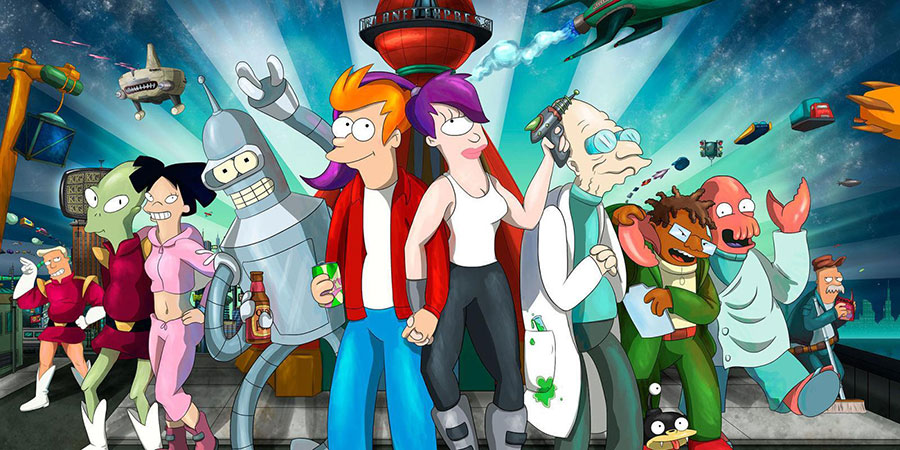 The main characters of Futurama in a futuristic city.