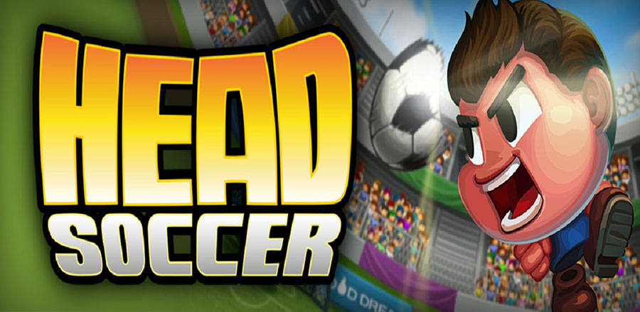 Screenshot of "Head Soccer" showing a character with an oversized head scoring a goal.