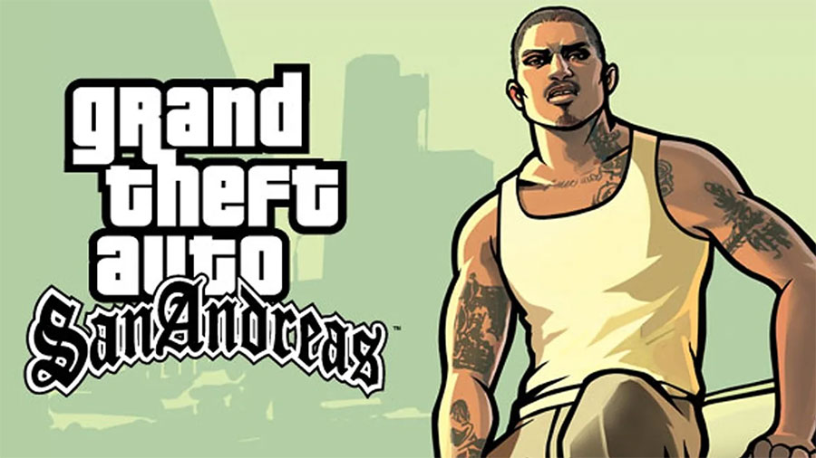 The Official Picture of Grand Theft Auto: San Andreas with its character, One of offline open world games for android.