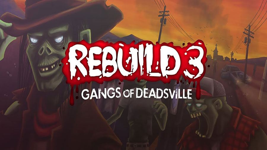 Screenshot of "Rebuild 3: Gangs of Deadsville" showing city-building and zombie defense.