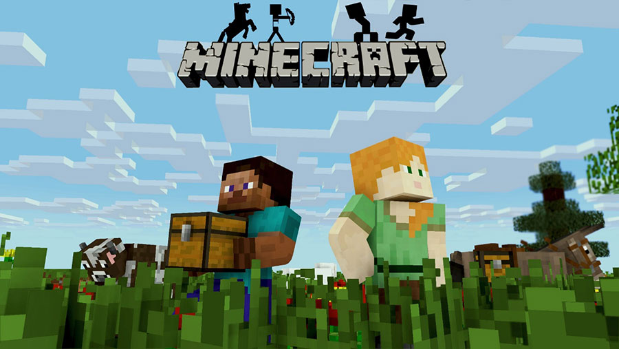 Screenshot of "Minecraft" in survival mode with blocky graphics.