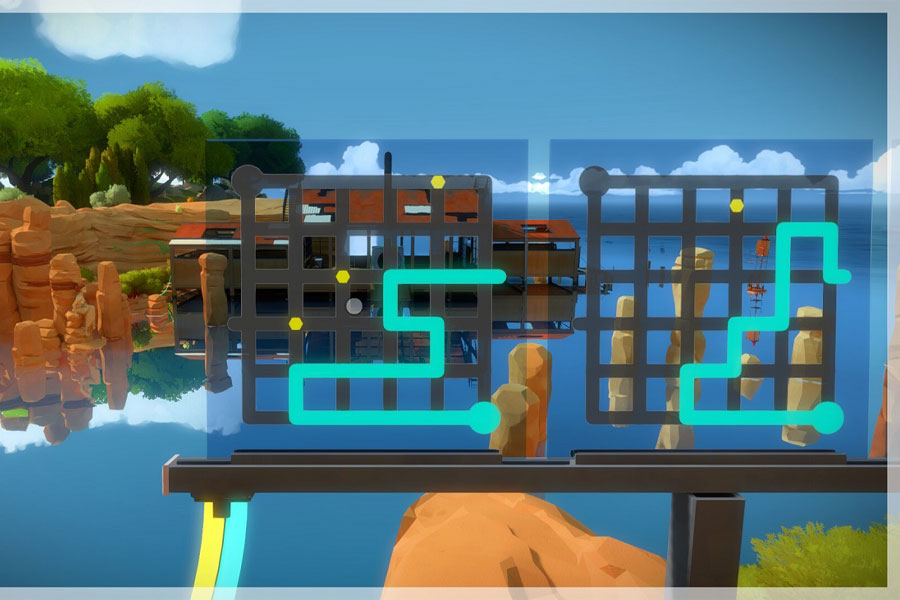 “The Witness game screen with island puzzles.”