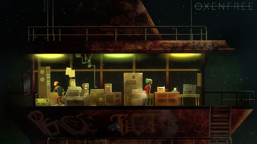 Oxenfree game screen with supernatural elements.