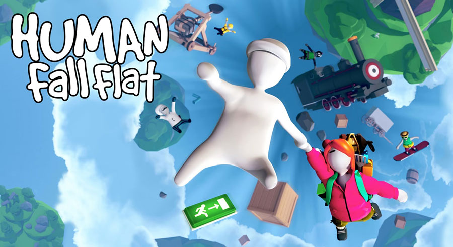 Human: Fall Flat game screen with physics-based puzzles.