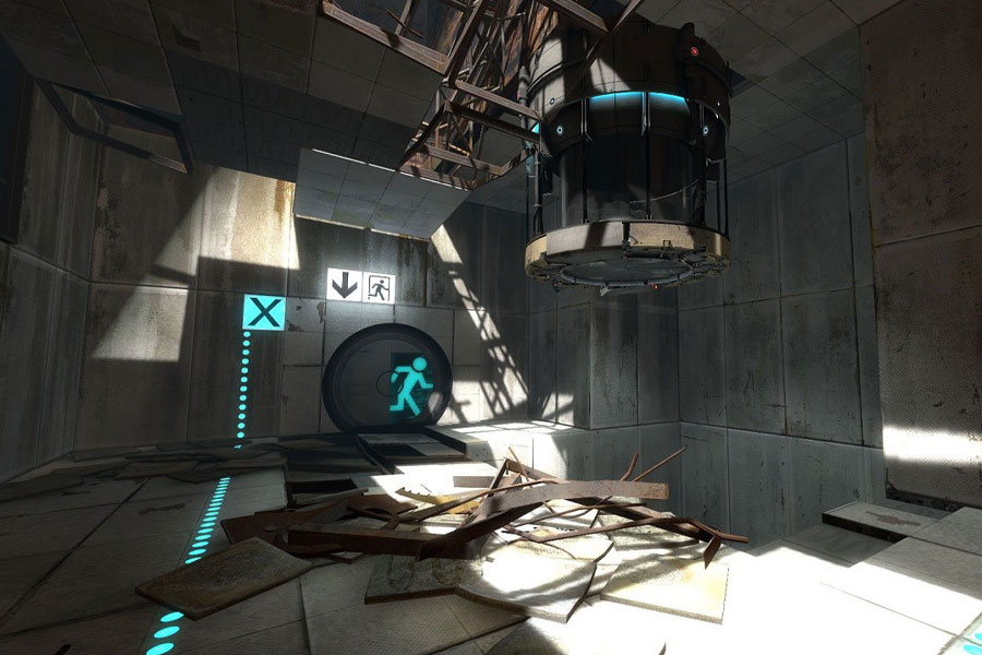 Portal 2 game screen with portal puzzles