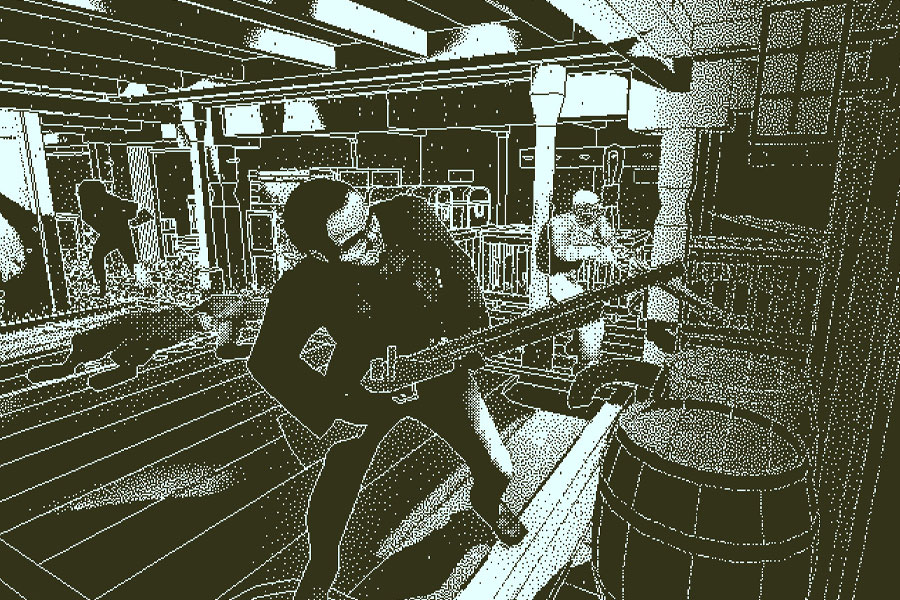 Return of the Obra Dinn game screen with monochromatic art.