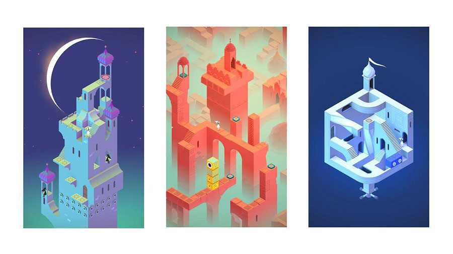 in game Picture of different levels in Monument Valley, One of problem solving games for kids.