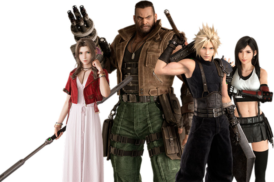 The Official Picture of Final Fantasy VII Featuring its many characters, One of video games to play before you die.