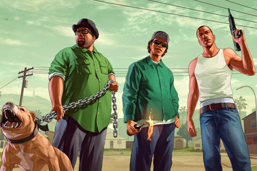 The Official Picture of Grand Theft Auto: San Andreas Featuring CJ, Ryder and Big Smoke, One of video games to play before you die.