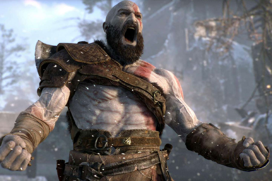 God of War game screen with Kratos and Atreus.