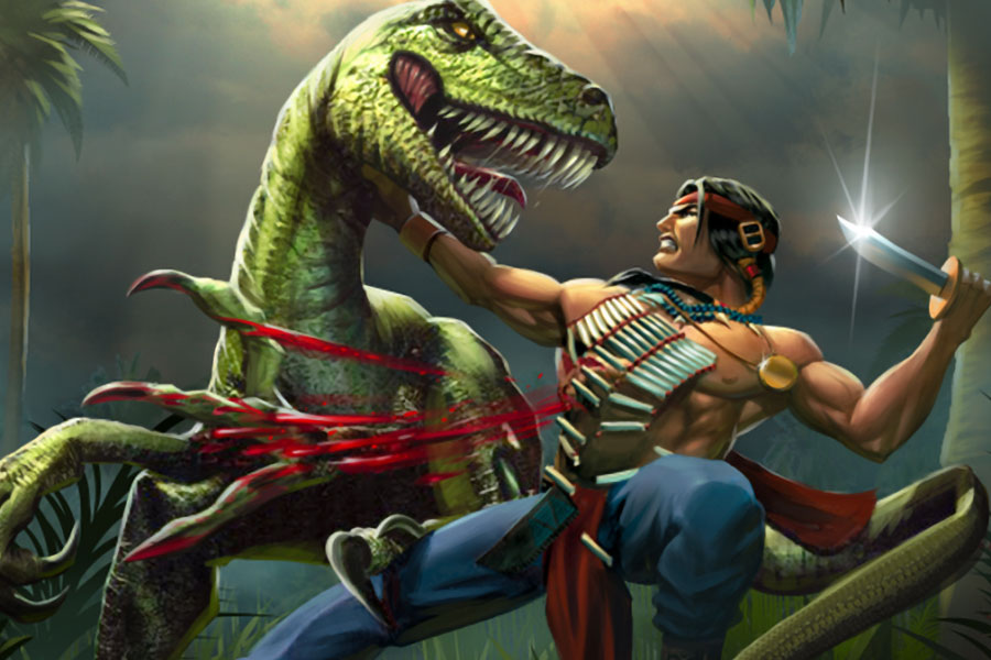 The Official Picture of Turok: Dinosaur Hunter Featuring its main character fighting a raptor, One of video games with dinosaurs.