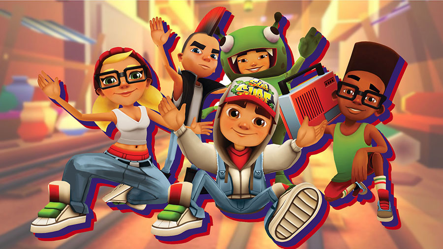 Screenshot of "Subway Surfers" gameplay with characters running on train tracks.