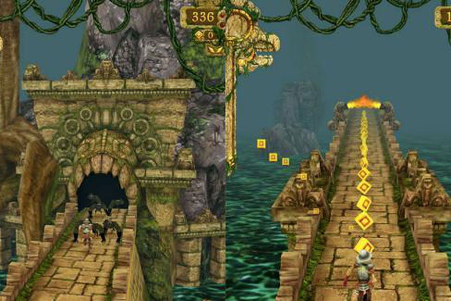 Screenshot of "Temple Run" gameplay with a character running from creatures.