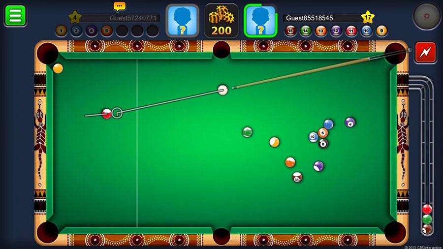 Screenshot of "8 Ball Pool" gameplay with a virtual pool table.