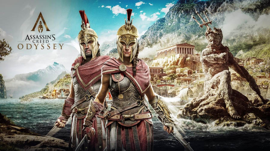 The Official Picture of Assassin's Creed Odyssey with its characters, One of assassin games for pc.