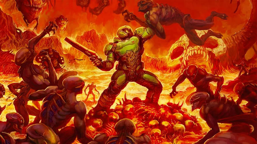 The Official Picture of DOOM Eternal with Doom Slayer Fighting Demons, One of best aaa games on pc.