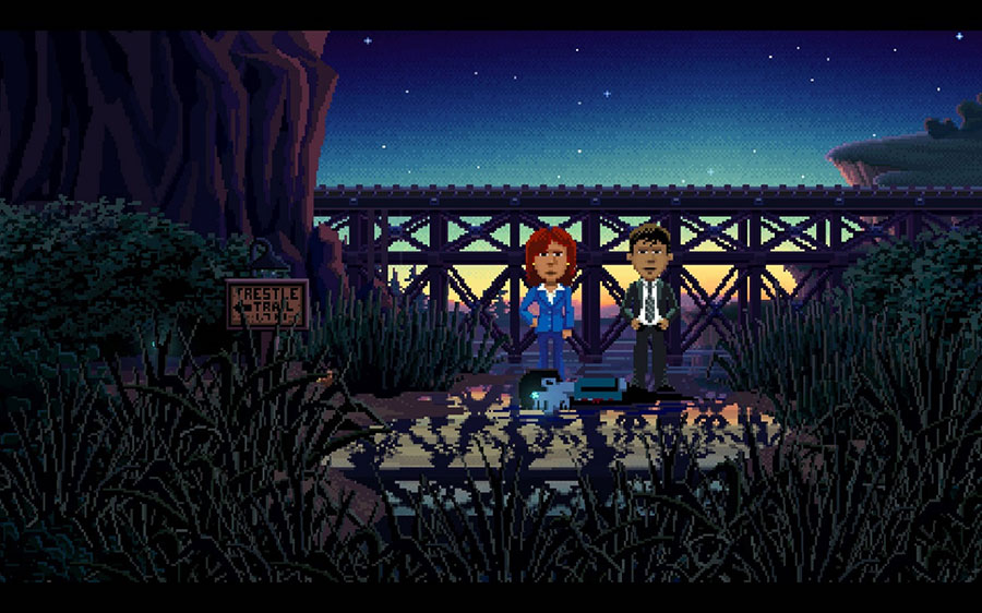 A wallpaper of Thimbleweed Park, one of the best adventure games for mac.