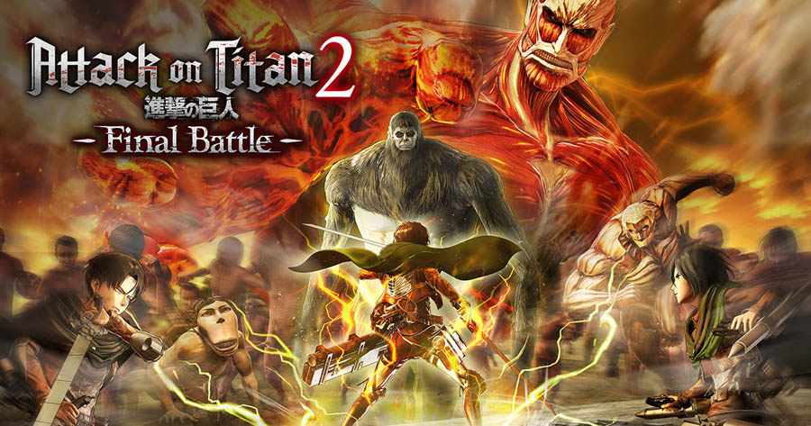 An official photo of the game, featuring a characters and  titans.