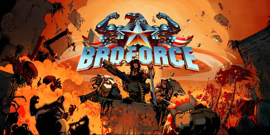 The Official Picture of Broforce with its characters, One of best arcade games on steam.