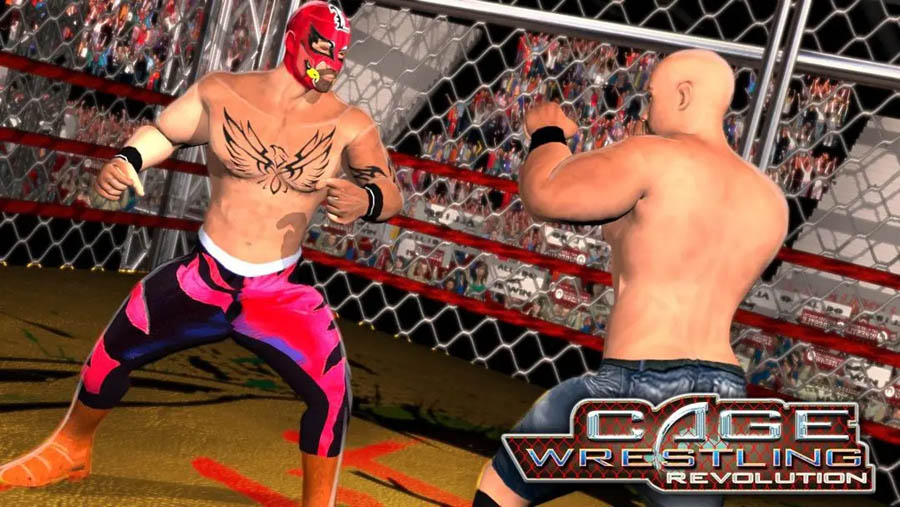 in game Picture of Wrestling Cage Revolution with its characters, One of best wrestling games for android.