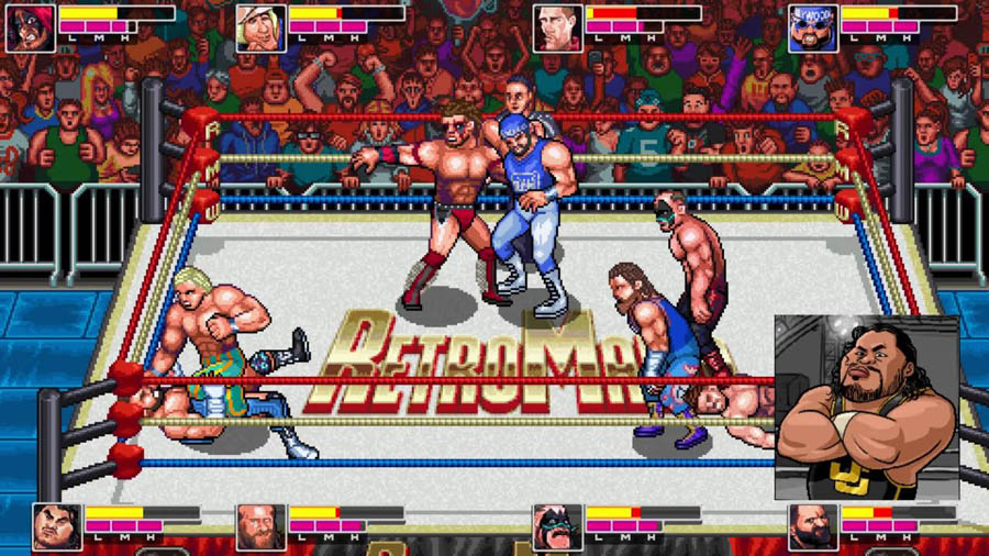 in game Picture of Retromania Wrestling with its characters, One of best wrestling games for ios.