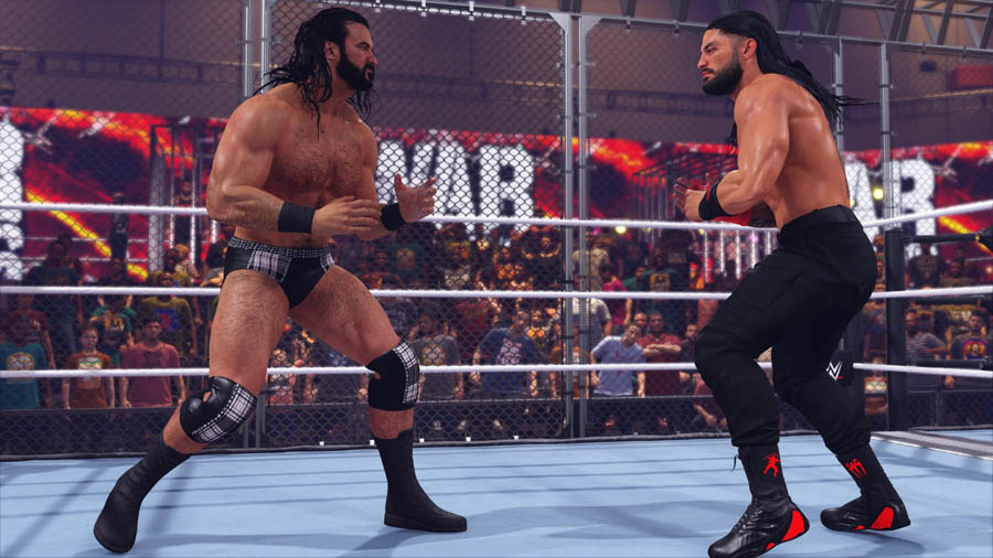 A wallpaper of the game, featuring Roman Reigns and Dreu McIntyre.