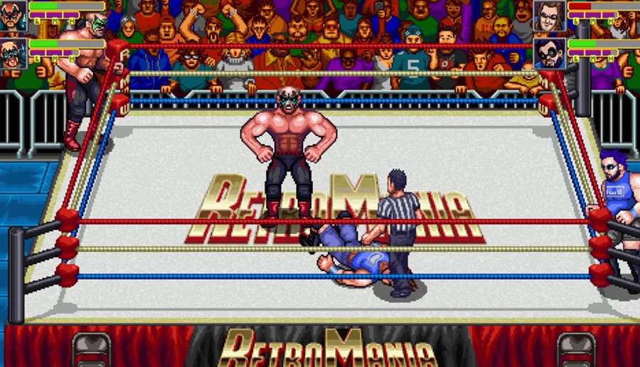 A wallpaper of RetroMania Wrestling, one of the best wrestling games on steam.