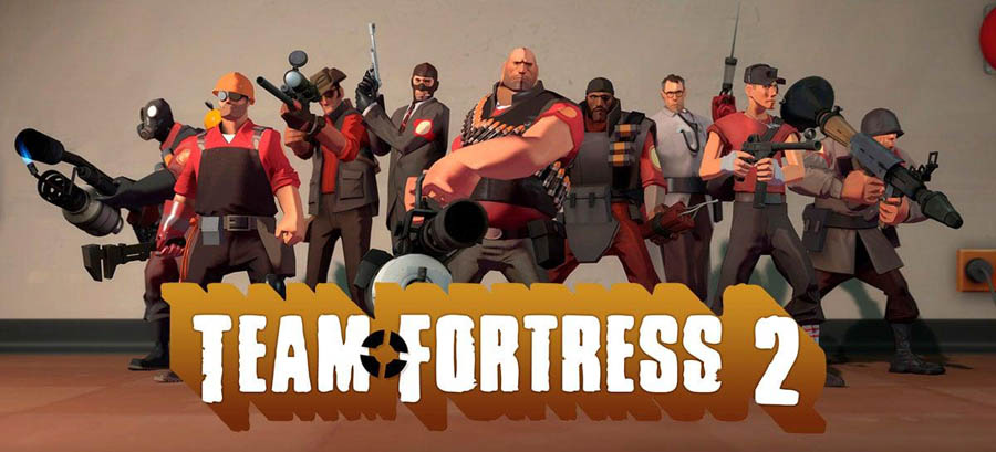 The Official Picture of Team Fortress 2 with its characters, One of most downloaded games in steam.