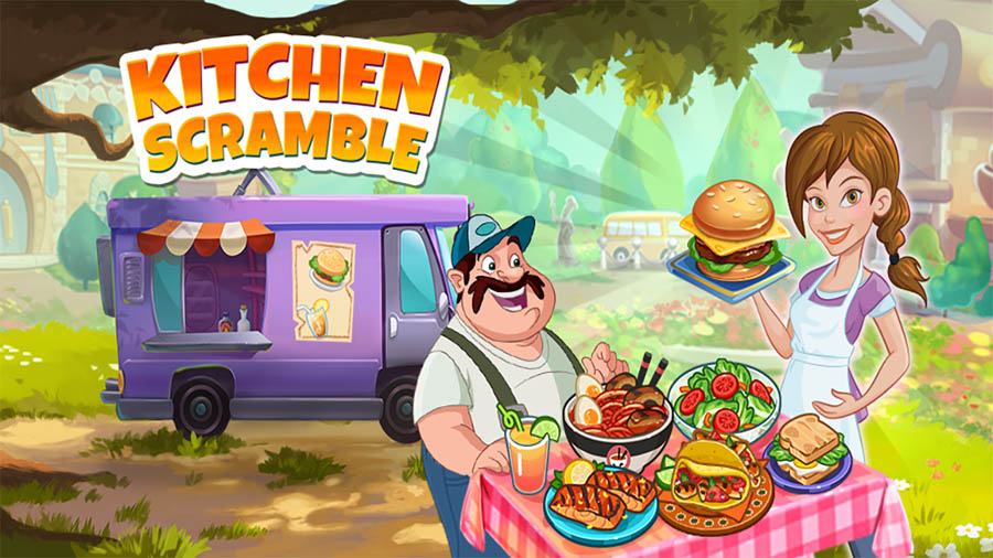 The Official Picture of Kitchen Scramble with its characters, One of best cooking games for chromebook.