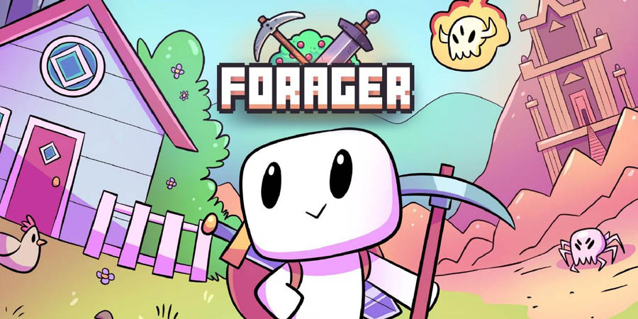 The Official Picture of Forager with its character, One of best forest survival games for chromebook.