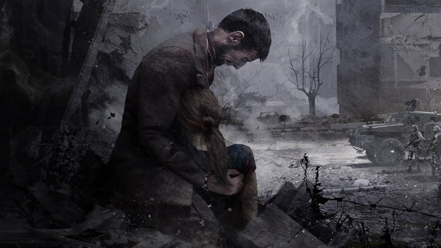 The Official Picture of This War of Mine: The Little Ones with its characters, One of best forest survival games for ps5.