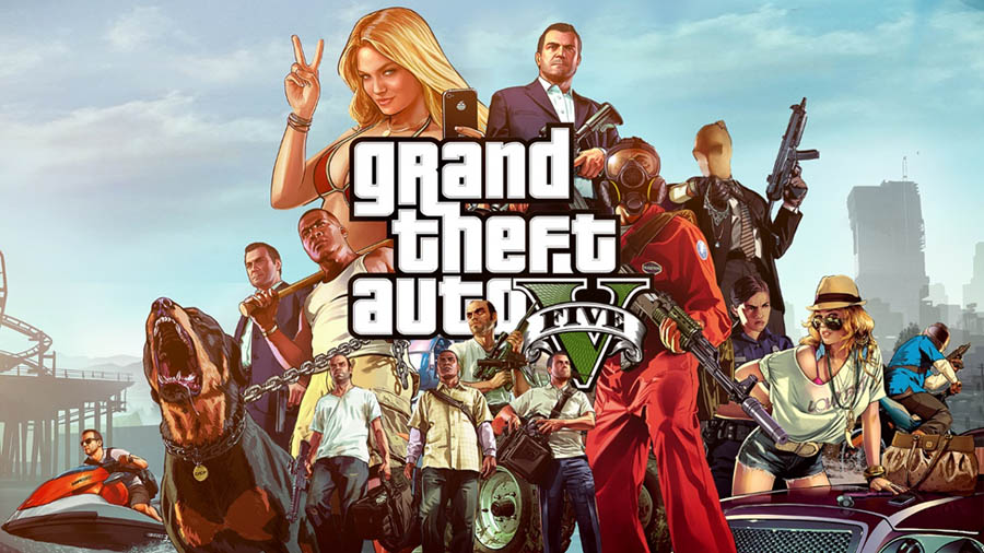 The Official Picture of Grand Theft Auto V with its characters, One of best gangster games for ps5.